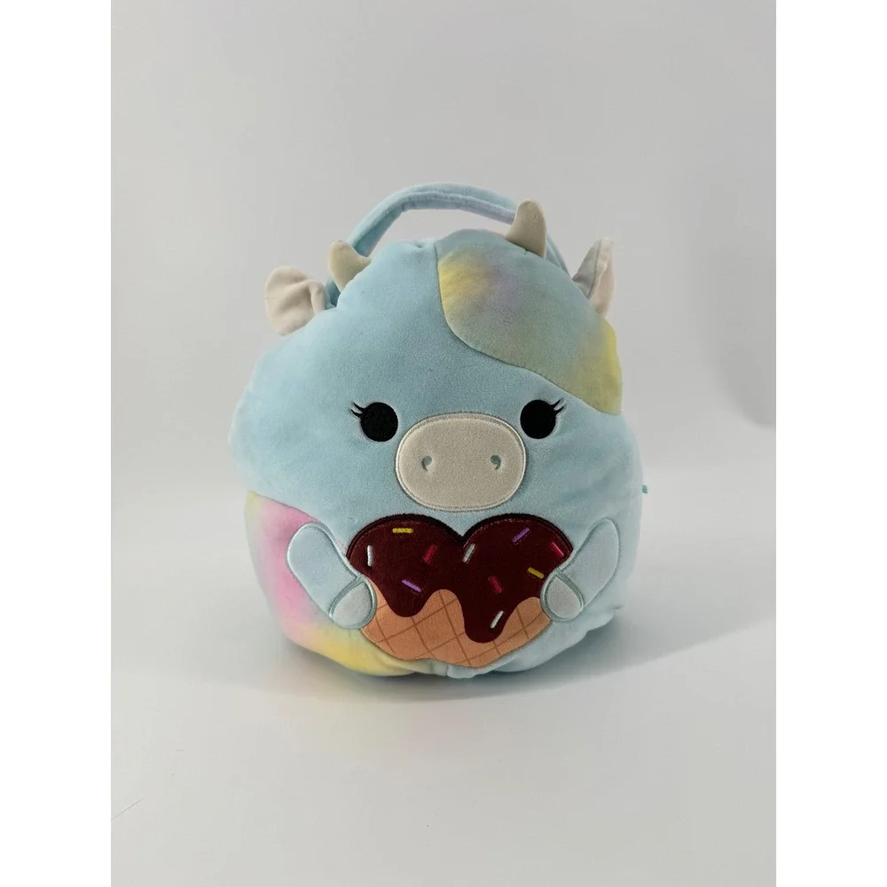 Squishmallows Caedia the Blue Cow Easter Basket Plush Pail Tie Dye Heart Waffle
